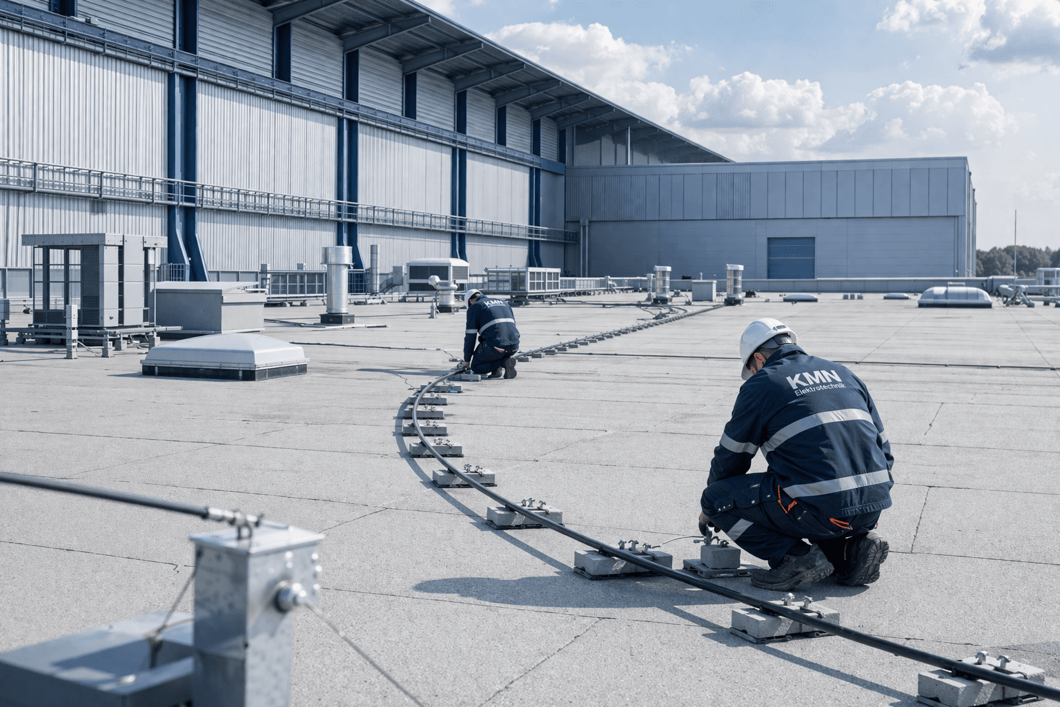 Blitzschutzarbeiten auf einem Hallendach