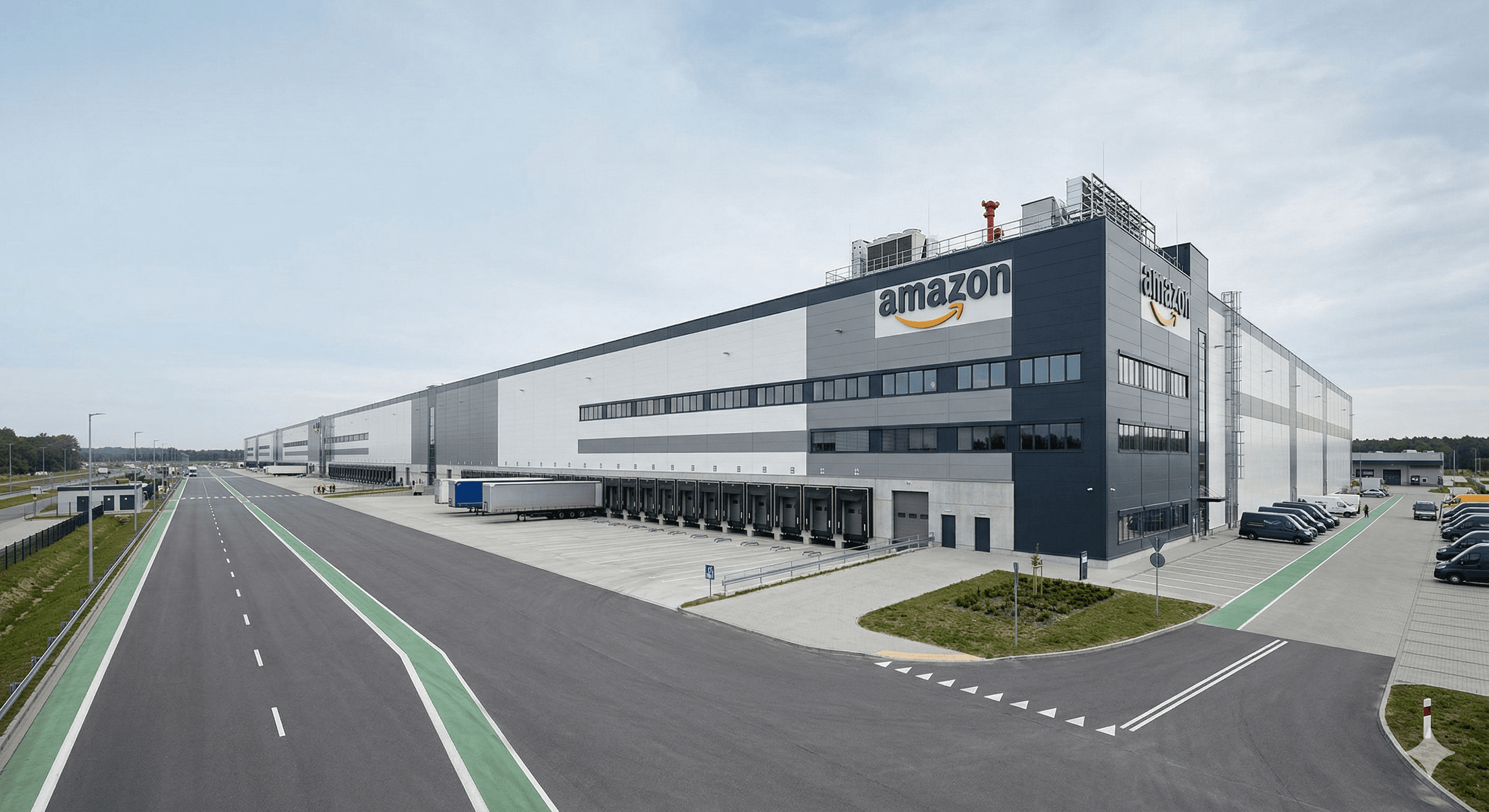 Amazon DSA6 als Landingpage-Hero mit großflächiger Logistikarchitektur